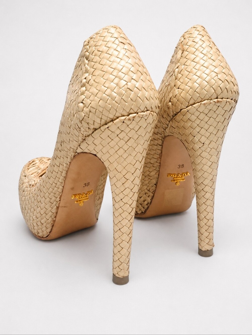 PRADA | Raffia Platform Pumps Beige Gold Heels Size 38 Italy - Picture 6 of 8
